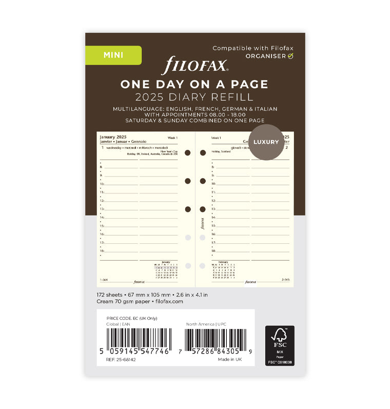 One Day On A Page Diary With Appointments - Mini Cotton Cream 2025 Multilanguage - 25-68142