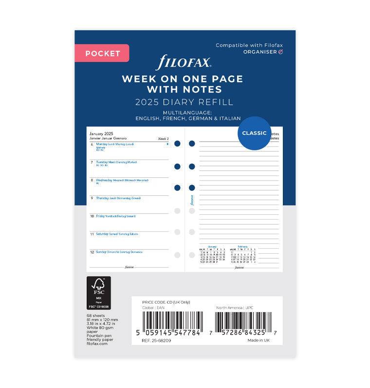 Week On One Page Diary With Notes - Pocket 2025 Multilanguage - 25-68209