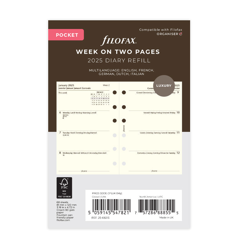 Week On Two Pages Diary - Pocket Cotton Cream 2025 Multilanguage - 25-68213