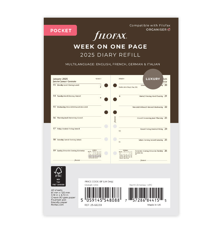 Week On One Page Diary - Pocket Cotton Cream 2025 Multilanguage - 25-68239