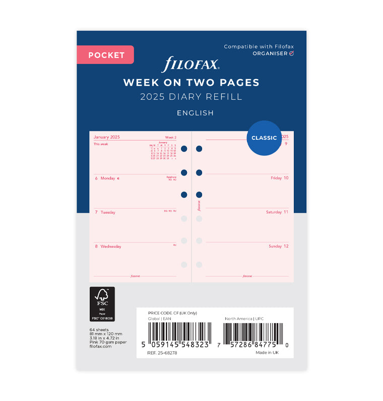 Week On Two Pages Diary - Pocket Pink 2025 English - 25-68278