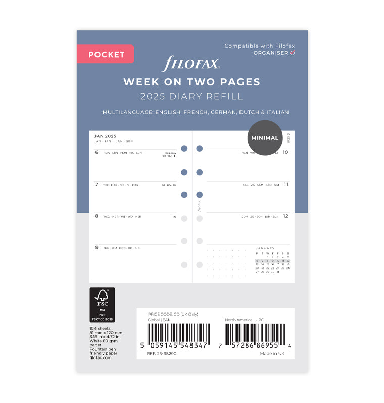 Minimal Week On Two Pages Diary - Pocket 2025 Multilanguage - 25-68290