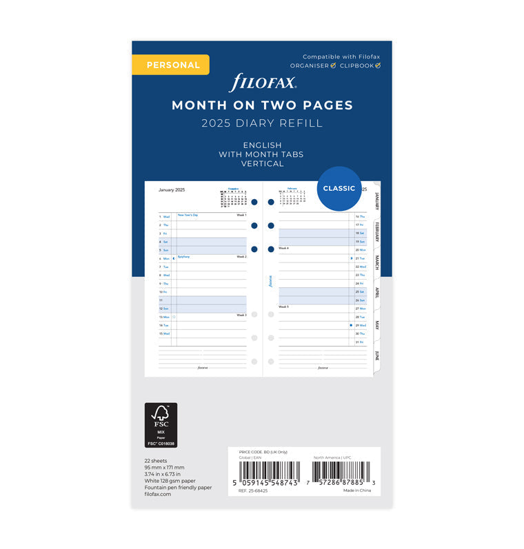 Month On Two Pages Diary With Tabs - Personal 2025 English - 25-68425