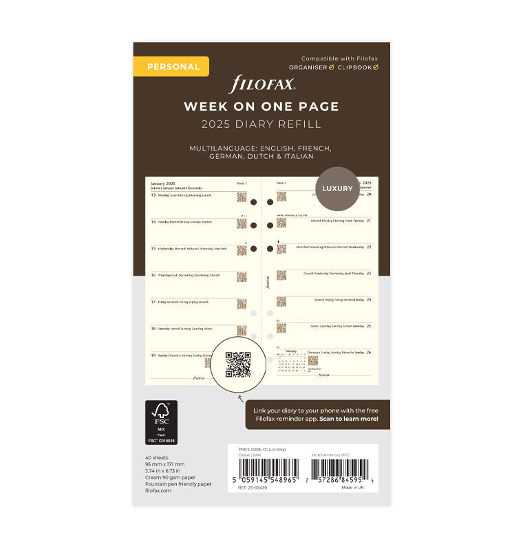 Week On One Page Diary - Personal Cotton Cream 2025 Multilanguage - 25-68439