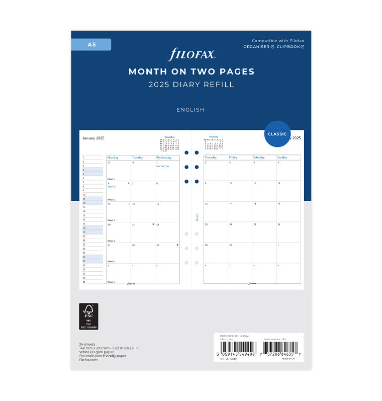 Month On Two Pages Diary - A5 2025 English - 25-68510