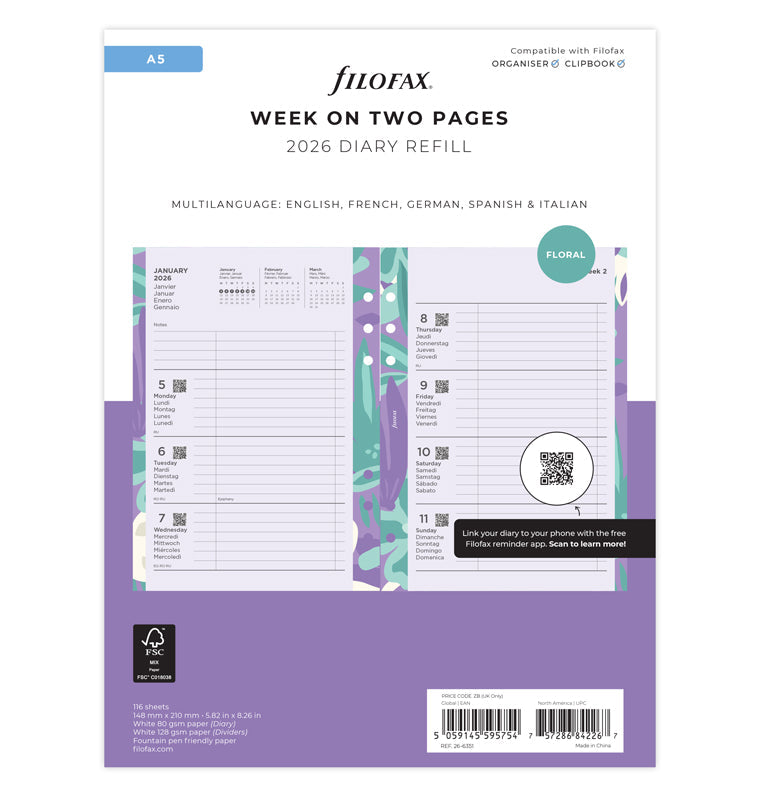 Floral Illustrated Diary Refill Refill Pack A5 2026 Multilanguage Filofax 26-6351