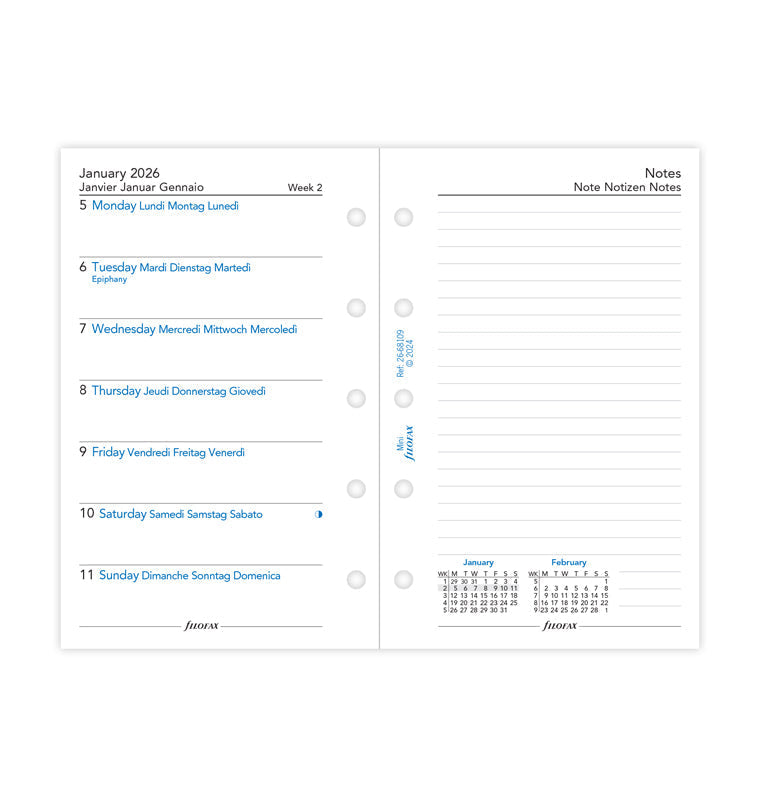 Week On One Page Diary Refill with Notes - Mini 2026 Multilanguage Filofax 26-68109