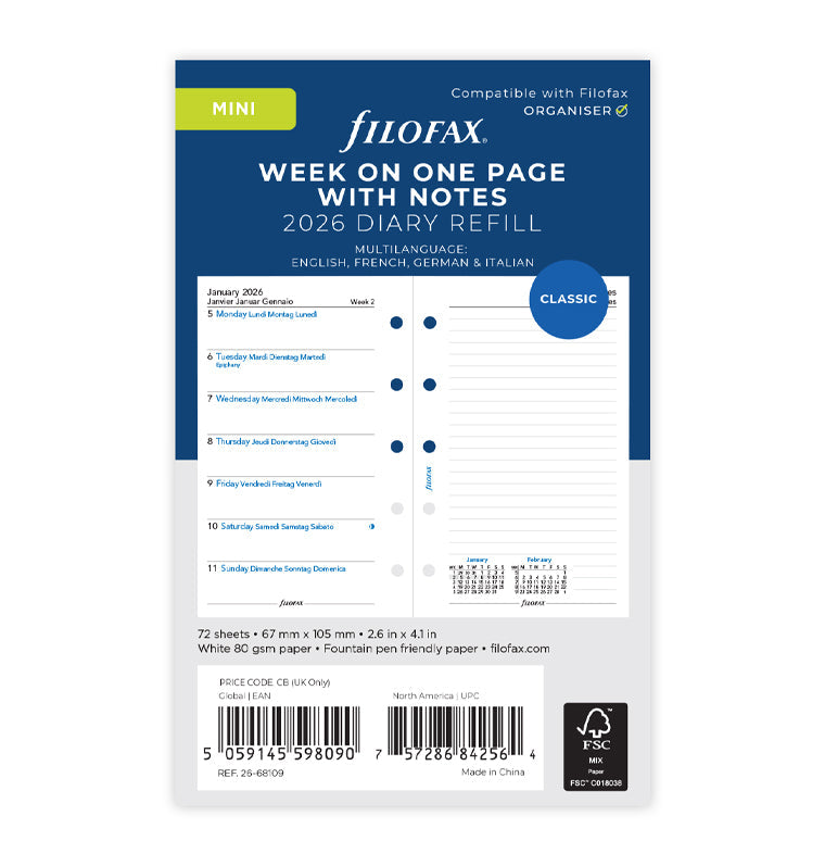 Week On One Page Diary Refill with Notes - Mini 2026 Multilanguage Filofax 26-68109