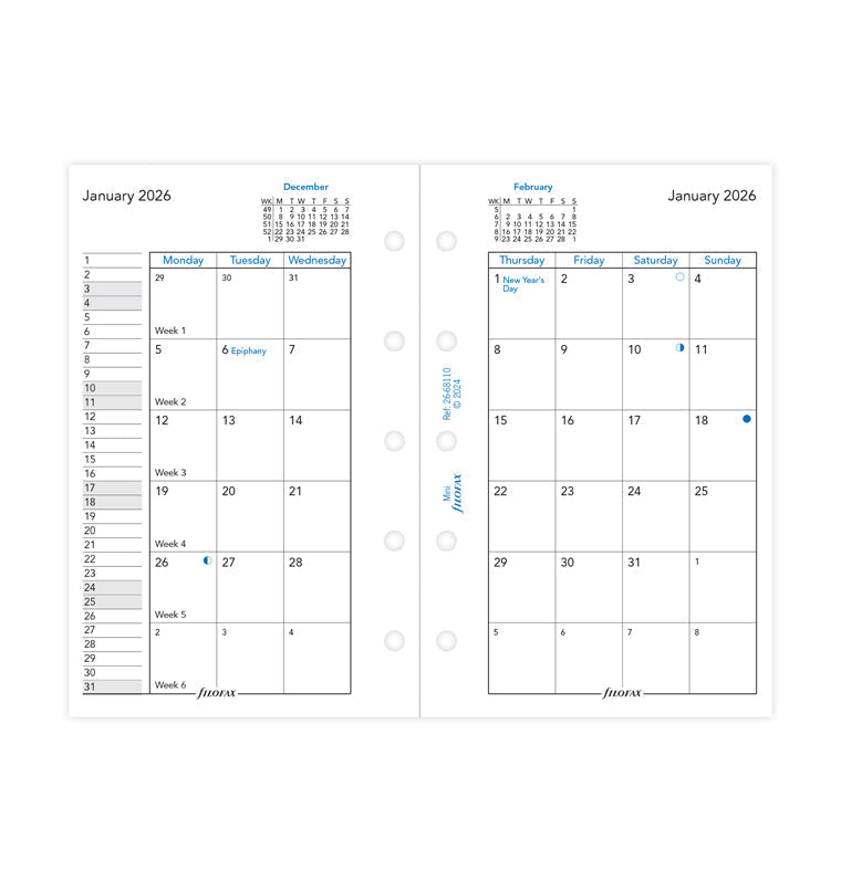 Month On Two Pages Diary Refill - Mini 2026 English Filofax 26-68110