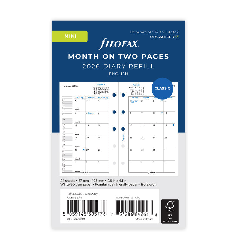 Month On Two Pages Diary Refill - Mini 2026 English Filofax 26-68110