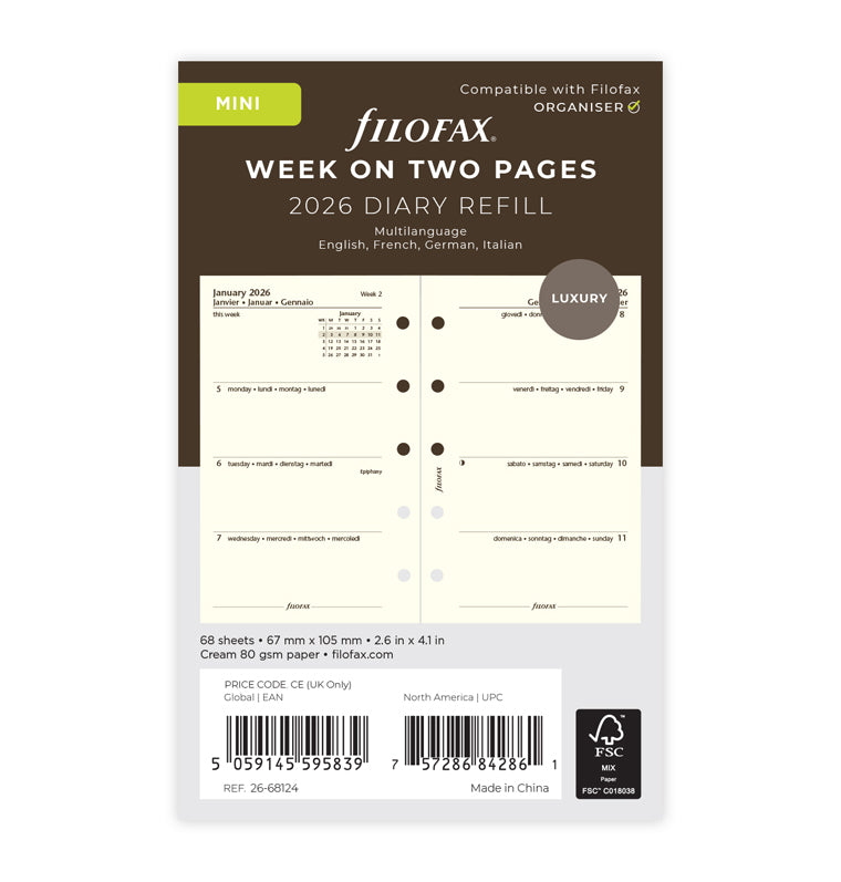 Week On Two Pages Diary Refill - Mini Cotton Cream 2026 Multilanguage Filofax 26-68124