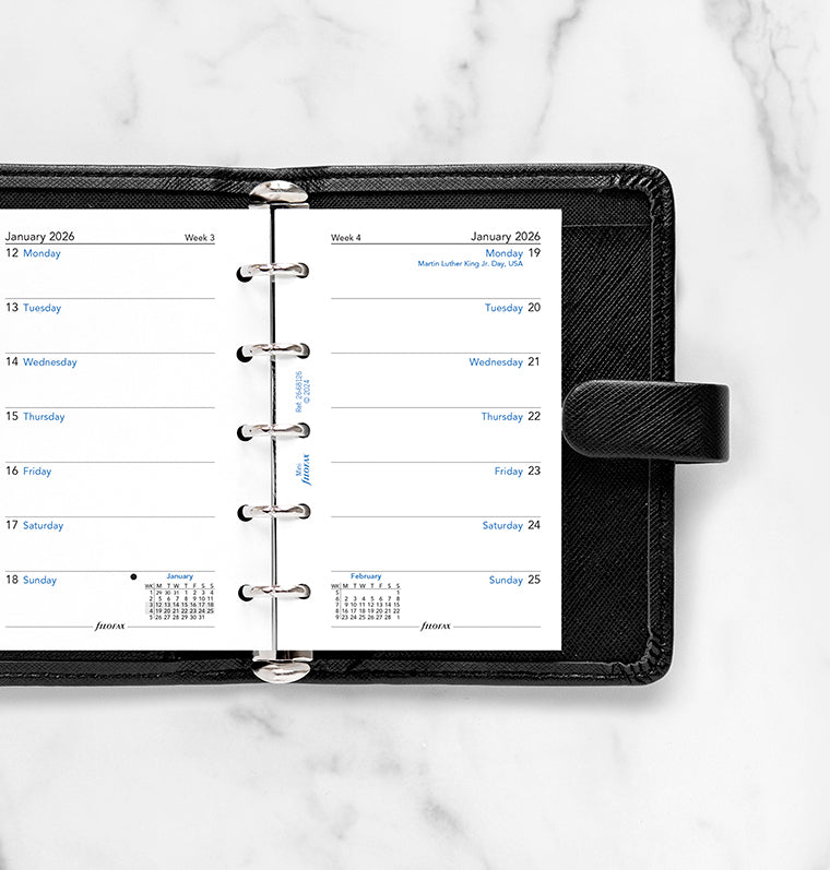 Recharge Agenda Filofax Personal 2026 - Semainier Deux Pages - 5 Langues (français, Anglais, Allemand...) - Papier Blanc 95x171mm - 14