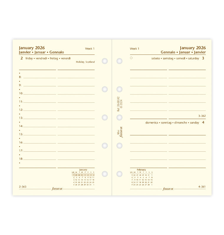 One Day On A Page Diary Refill With Appointments - Mini Cotton Cream 2026 Multilanguage Filofax 26-68142