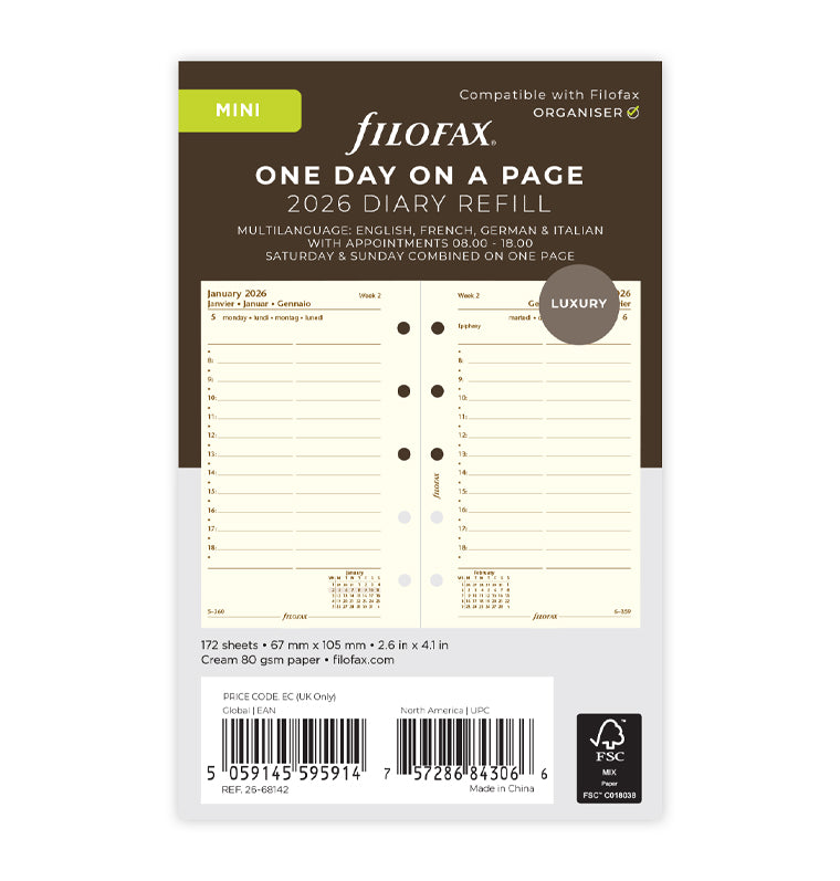 One Day On A Page Diary Refill With Appointments - Mini Cotton Cream 2026 Multilanguage Filofax 26-68142