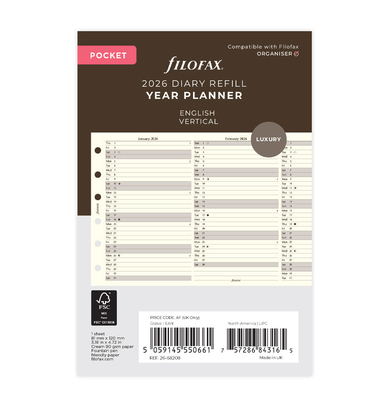 Vertical Year Planner - Pocket Cotton Cream 2026 English - 26-68208