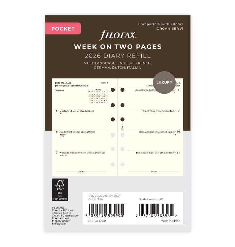 Week On Two Pages Diary Refill - Pocket Cotton Cream 2026 Multilanguage Filofax 26-68213
