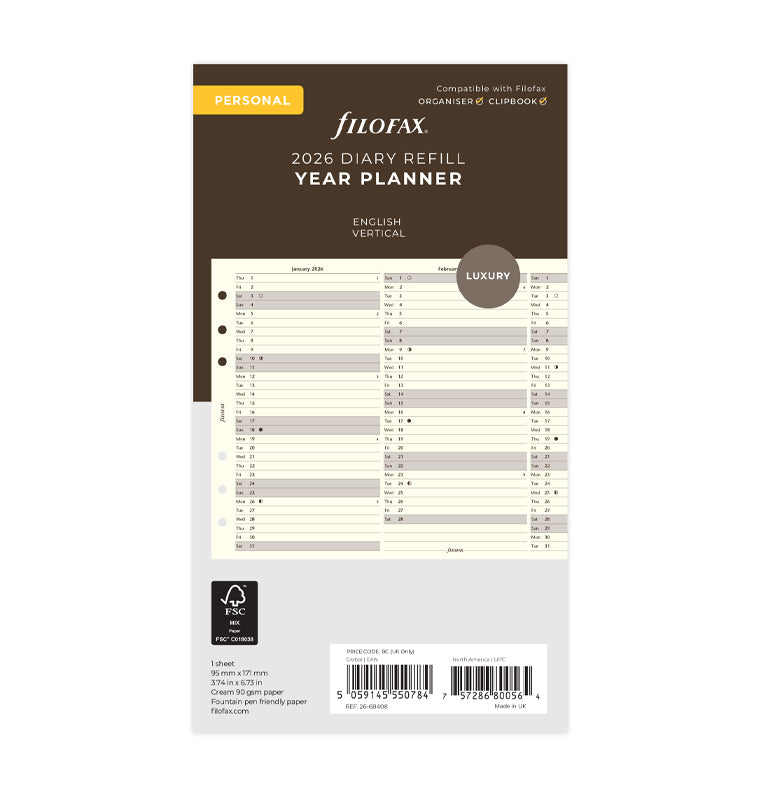 Vertical Year Planner - Personal Cotton Cream 2026 English - 26-68408
