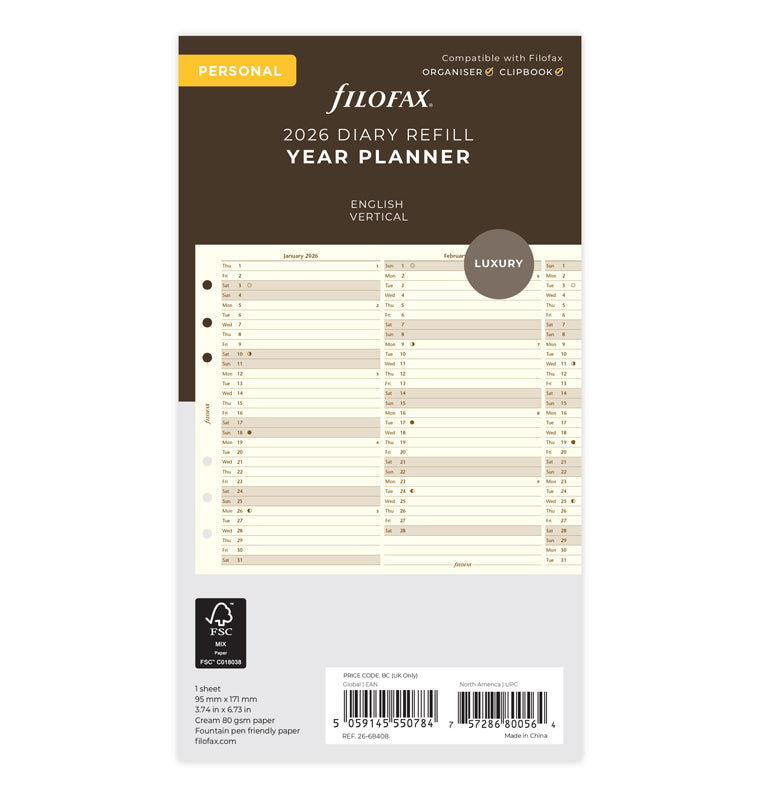 Vertical Year Planner Cotton Cream - Personal 2026 English