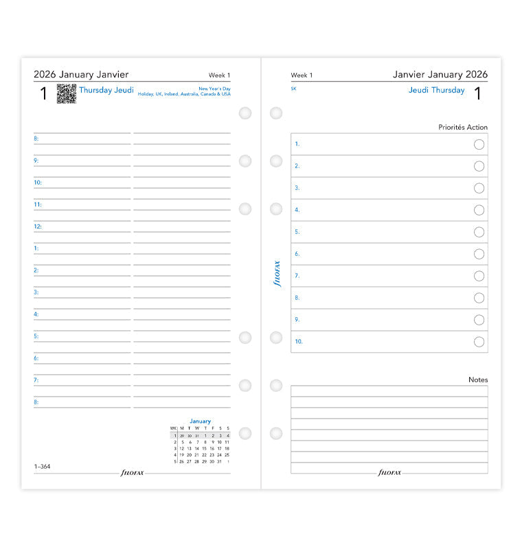 One Day on Two Pages Diary - Personal 2026 English/French Filofax 26-68417