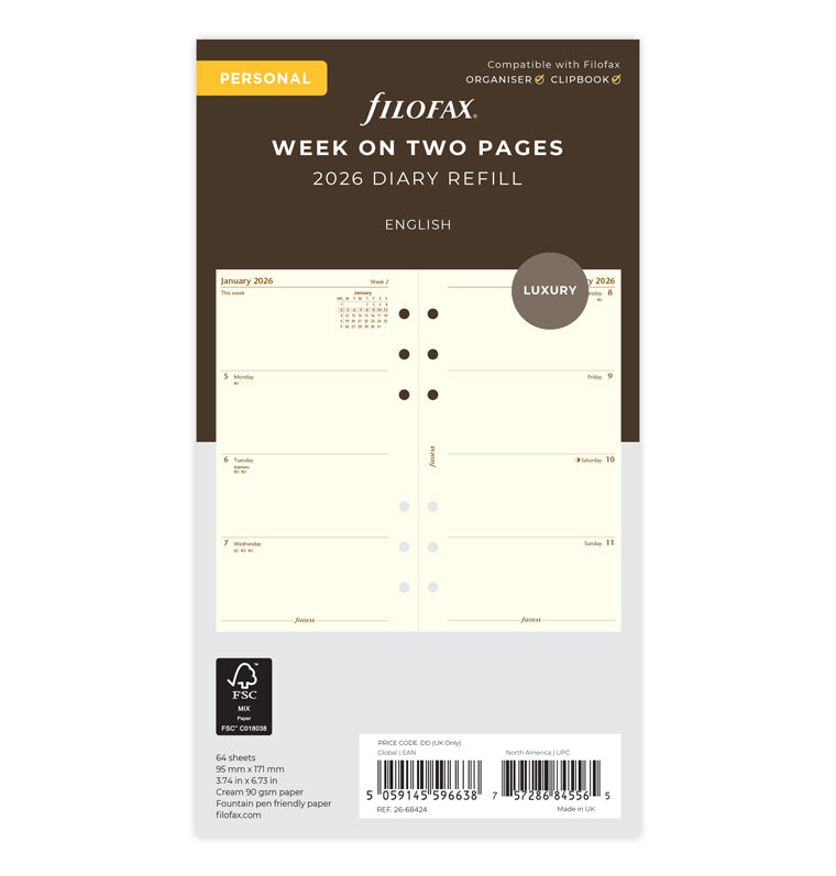 Week On Two Pages Diary Refill - Personal Cotton Cream 2026 English Filofax 26-68424