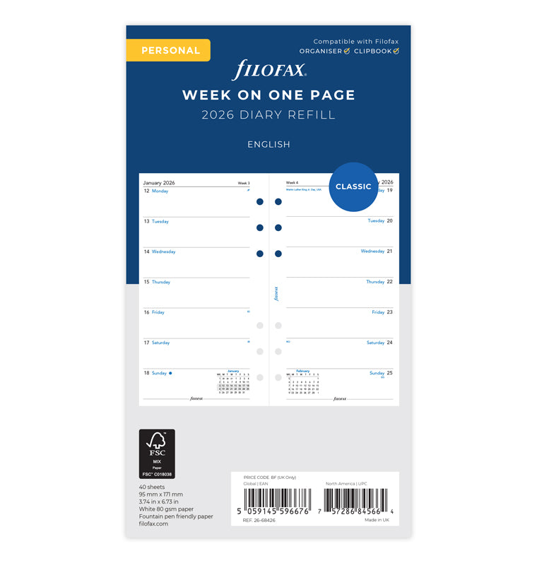 Week On One Page Diary Refill - Personal 2026 English Filofax 26-68426