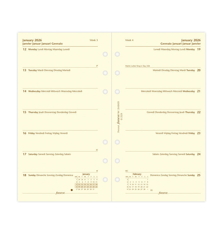 Week On One Page Diary Refill - Personal Cotton Cream 2026 Multilanguage Filofax 26-68439