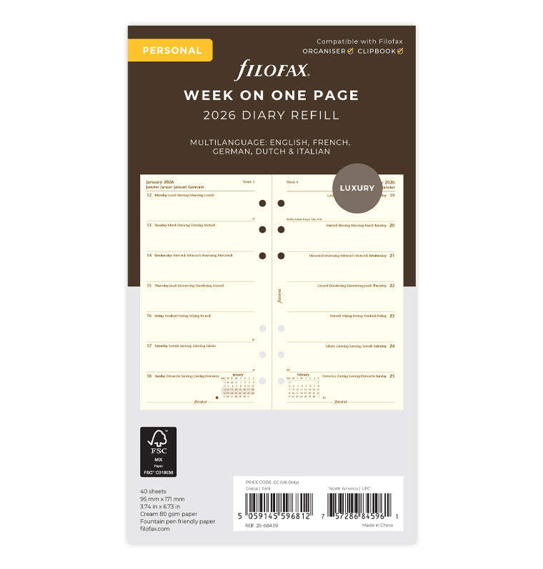 Week On One Page Diary Refill - Personal Cotton Cream 2026 Multilanguage Filofax 26-68439