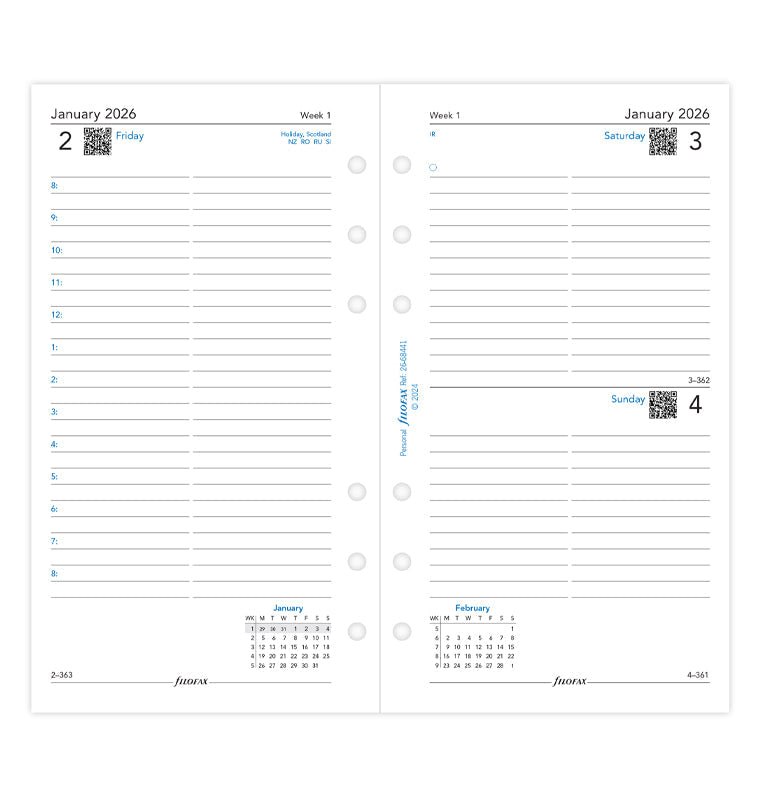 One Day On A Page Diary Refill With Appointments - Personal 2026 English Filofax 26-68441