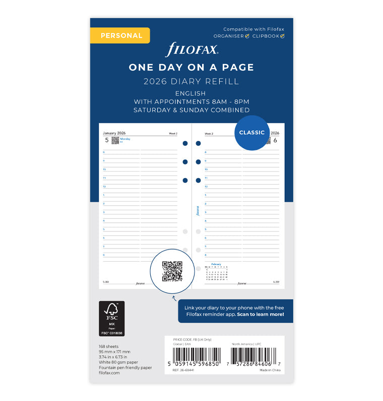 One Day On A Page Diary Refill With Appointments - Personal 2026 English Filofax 26-68441