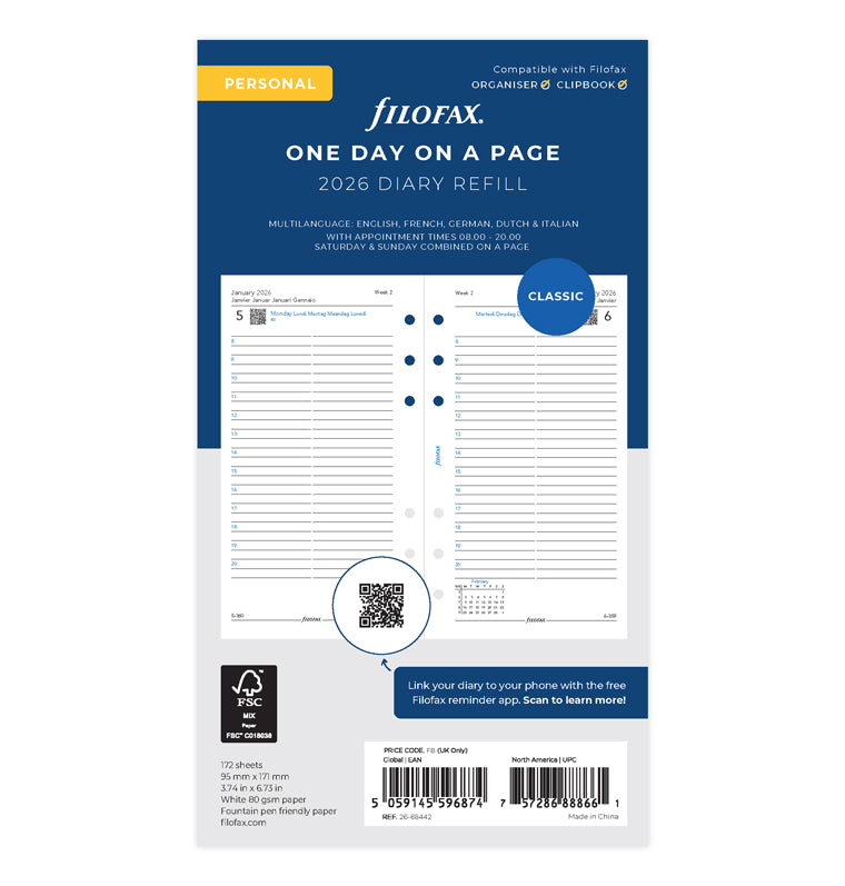 One Day On A Page Diary Refill With Appointments - Personal 2026 Multilanguage Filofax 26-68442