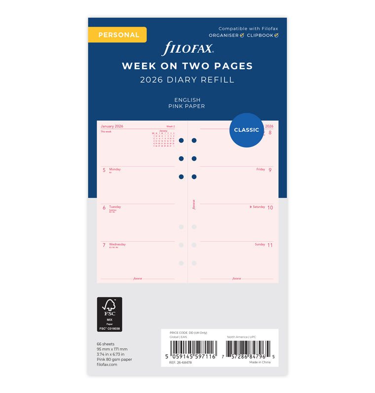 Week On Two Pages Diary Refill - Personal Pink 2026 English Filofax 26-68478