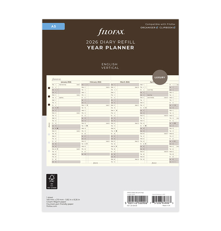 Vertical Year Planner - A5 Cotton Cream 2026 English - 26-68508