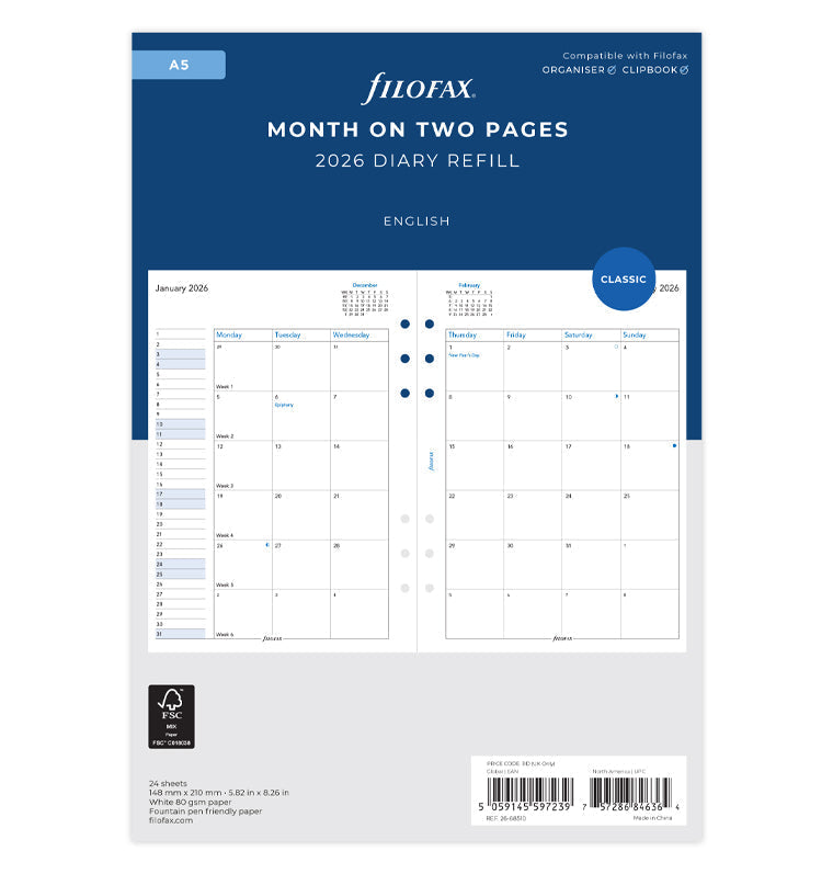 Month On Two Pages Diary Refill - A5 2026 English Filofax 26-68510