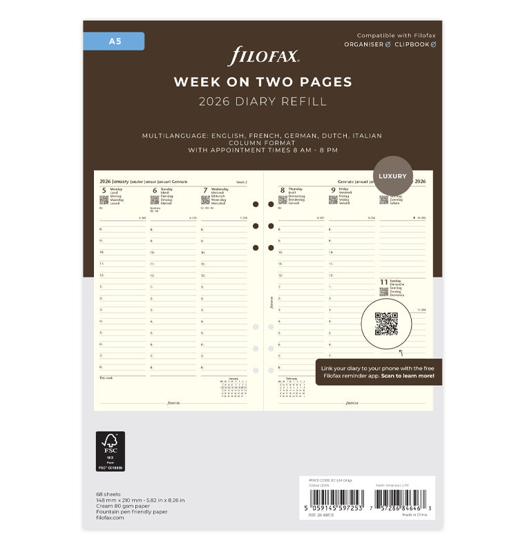 Week On Two Pages Diary Refill With Appointments - A5 Cotton Cream 2026 Multilanguage Filofax 26-68513