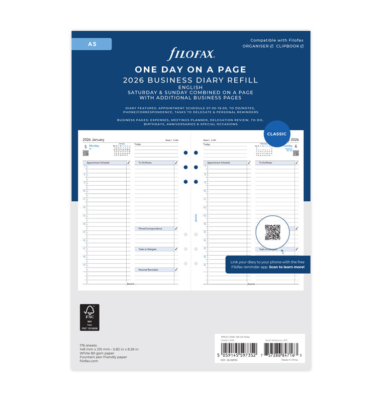 One Day On A Page Business Diary Refill - A5 2026 English Filofax 26-68519