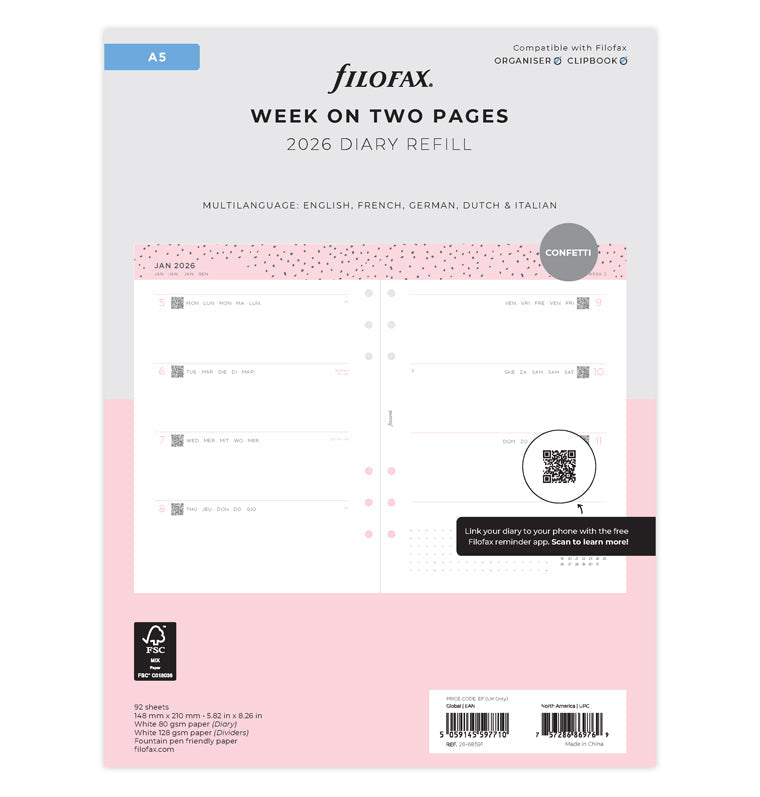 Confetti Week to View Diary Refill - A5 2026 Multilanguage Filofax 26-68591