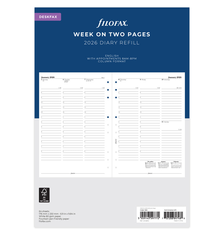 Week On Two Pages Diary Refill With Appointments - Deskfax 2026 English Filofax 26-68612
