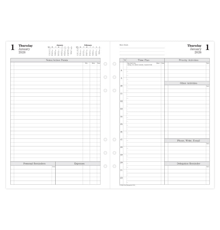 Time Management One Day On Two Pages Diary Refill - A5 2026 English Filofax 26-TM7031