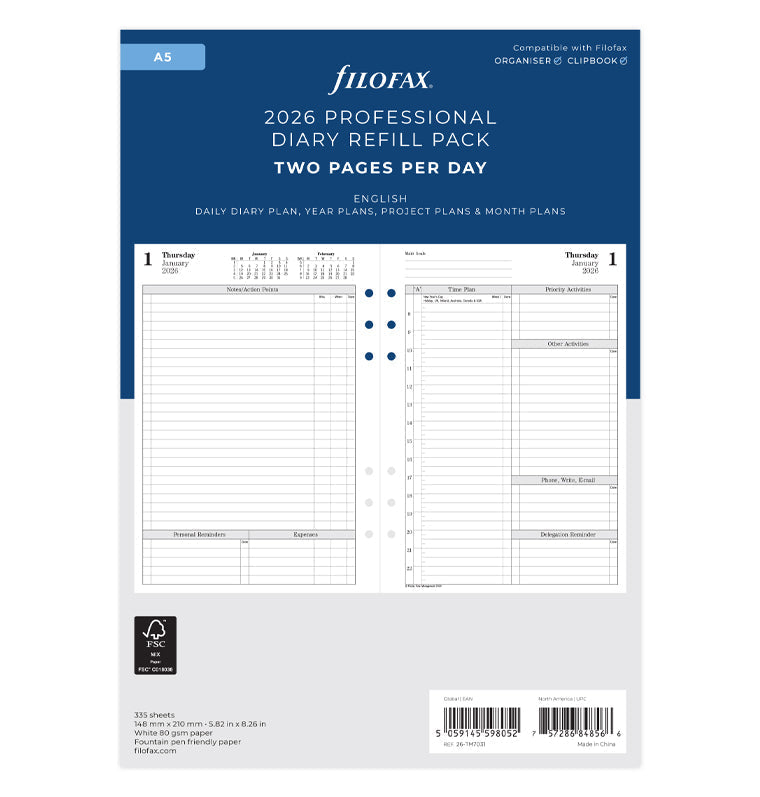 Time Management One Day On Two Pages Diary Refill - A5 2026 English Filofax 26-TM7031