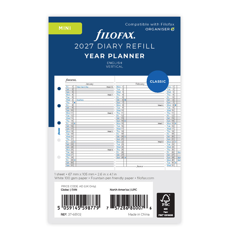 Vertical Year Planner - Mini 2027 English Filofax 27-68102