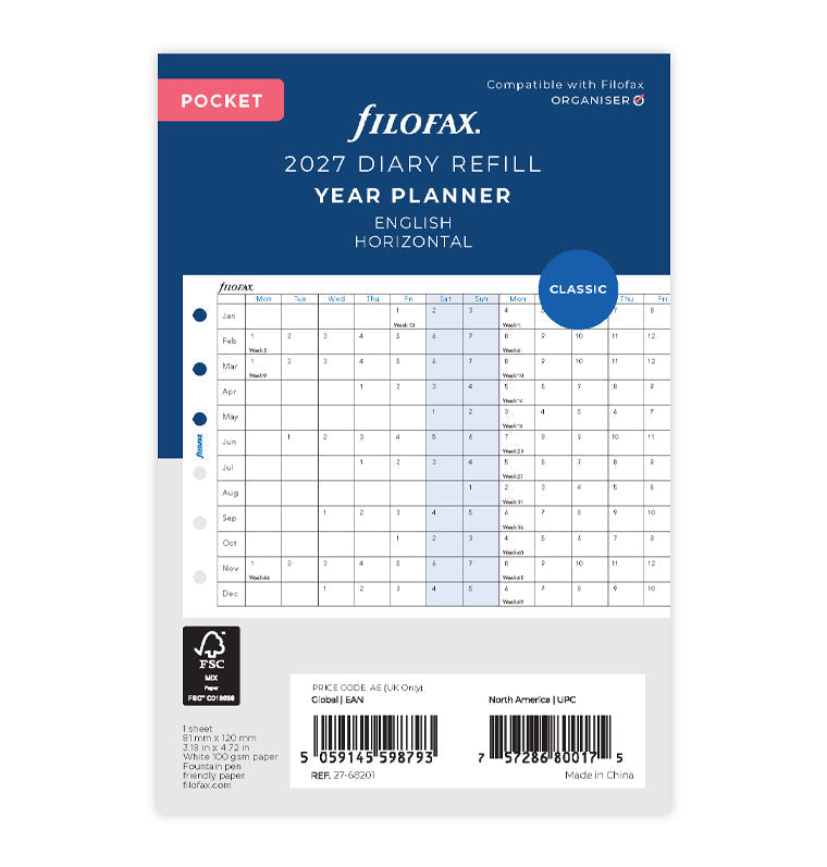 Horizontal Year Planner - Pocket 2027 Filofax 27-68201