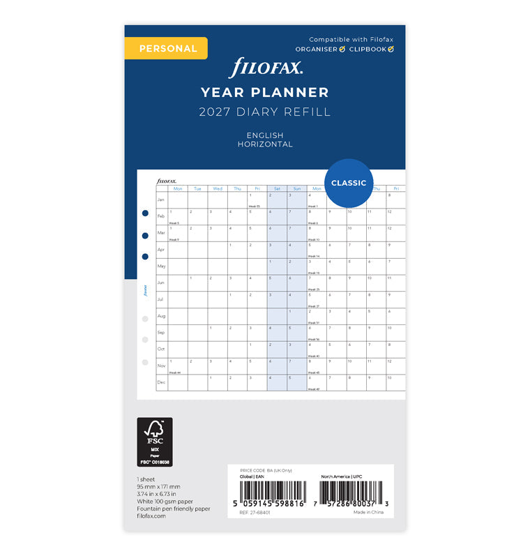 Horizontal Year Planner - Personal 2027 Filofax 27-68401