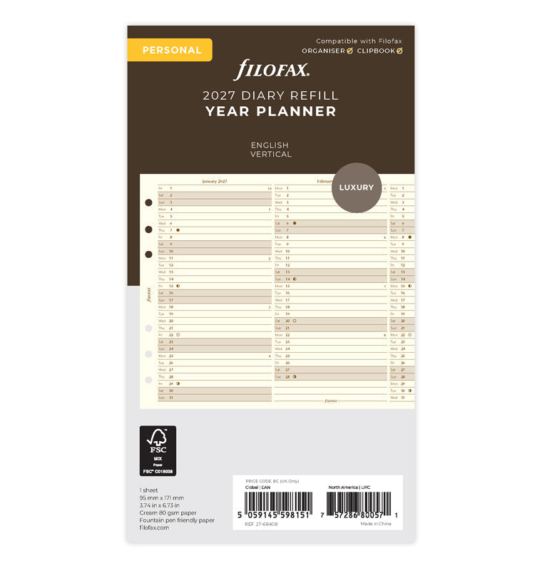 Vertical Year Planner - Personal Cotton Cream 2027 English Filofax 27-68408