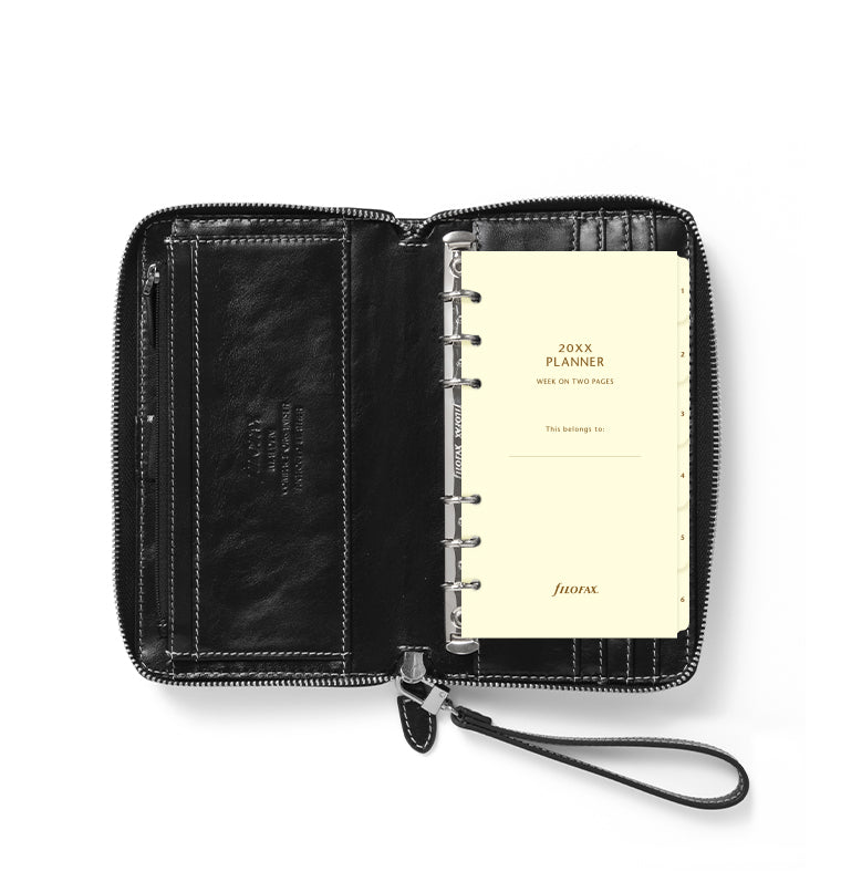 Filofax Malden Personal Compact Zip Leather Organizer in Black - with Diary Refill inside