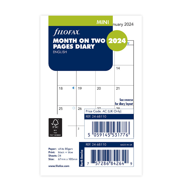 Month On Two Pages Diary - Mini 2024 English - Filofax