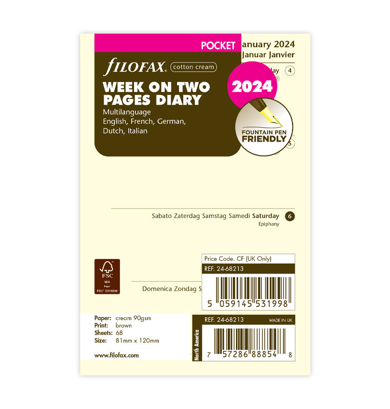 Week On Two Pages Diary Cotton Cream - Pocket 2024 Multilanguage