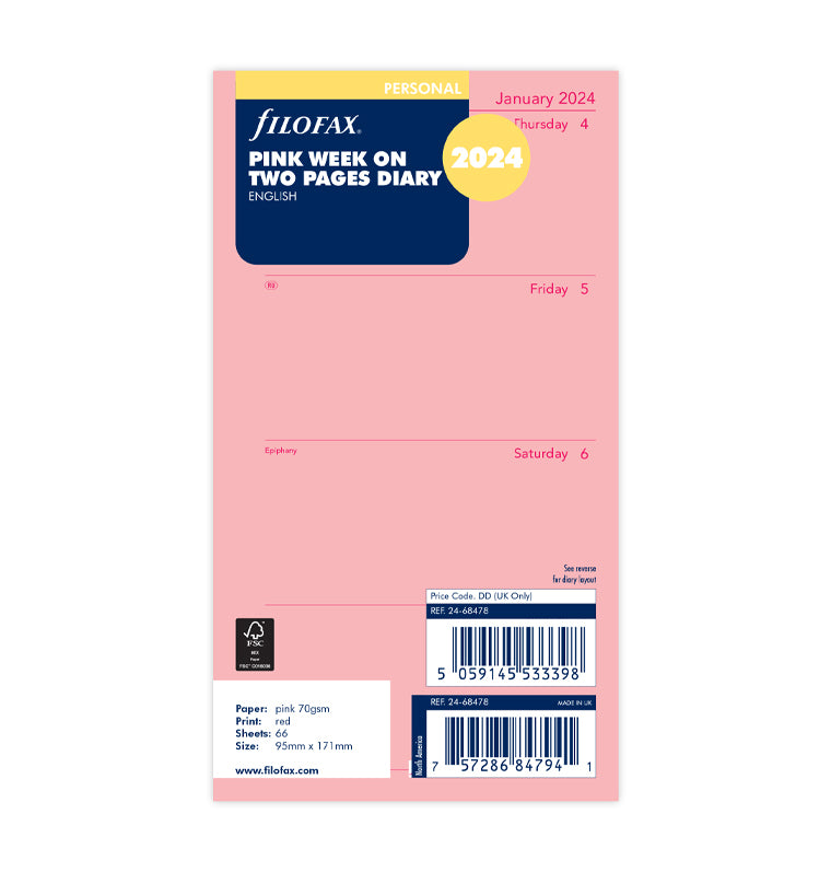 Week On Two Pages Diary - Personal Pink 2024 - Filofax