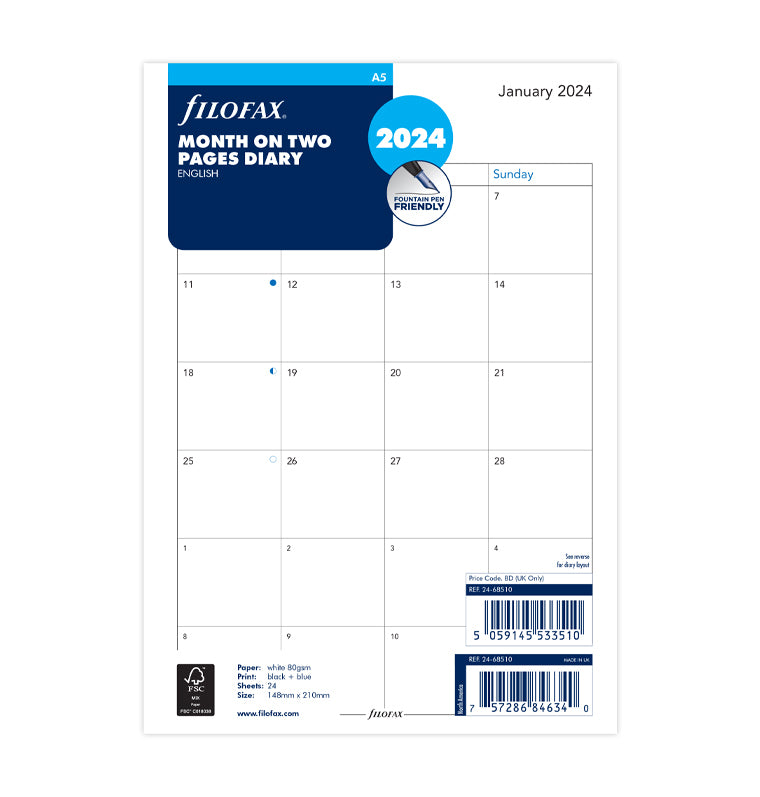 Month On Two Pages Diary - A5 2024 English - Filofax