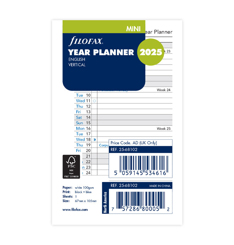 Vertical Year Planner - Mini 2025 English - Filofax