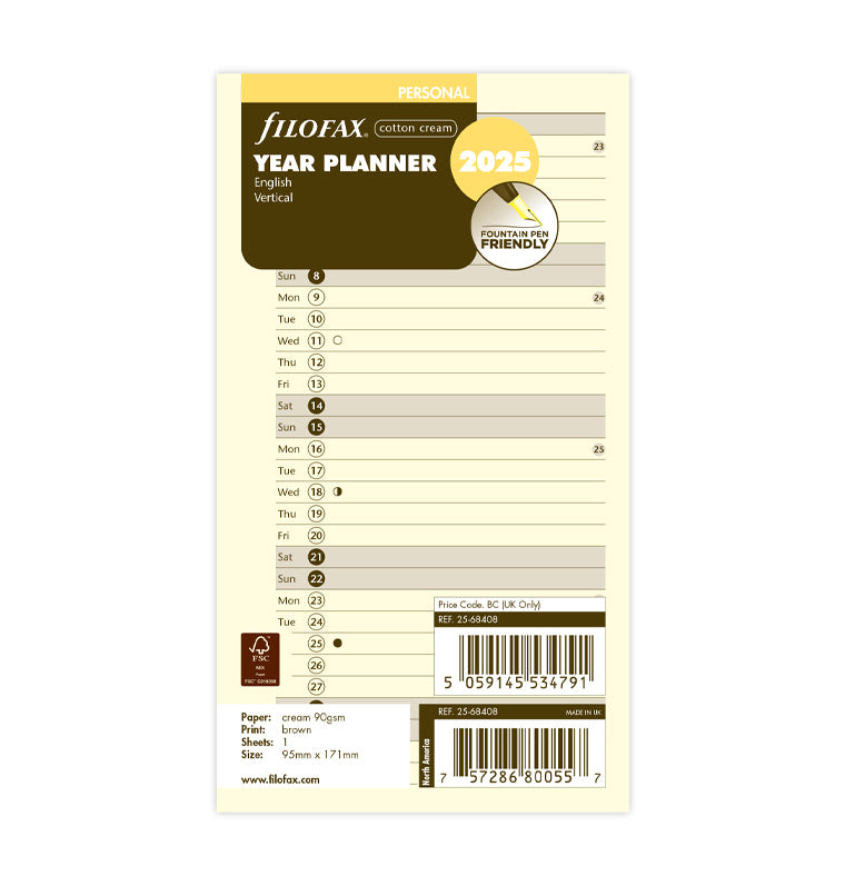 Vertical Year Planner - Personal Cotton Cream 2025 English - Filofax